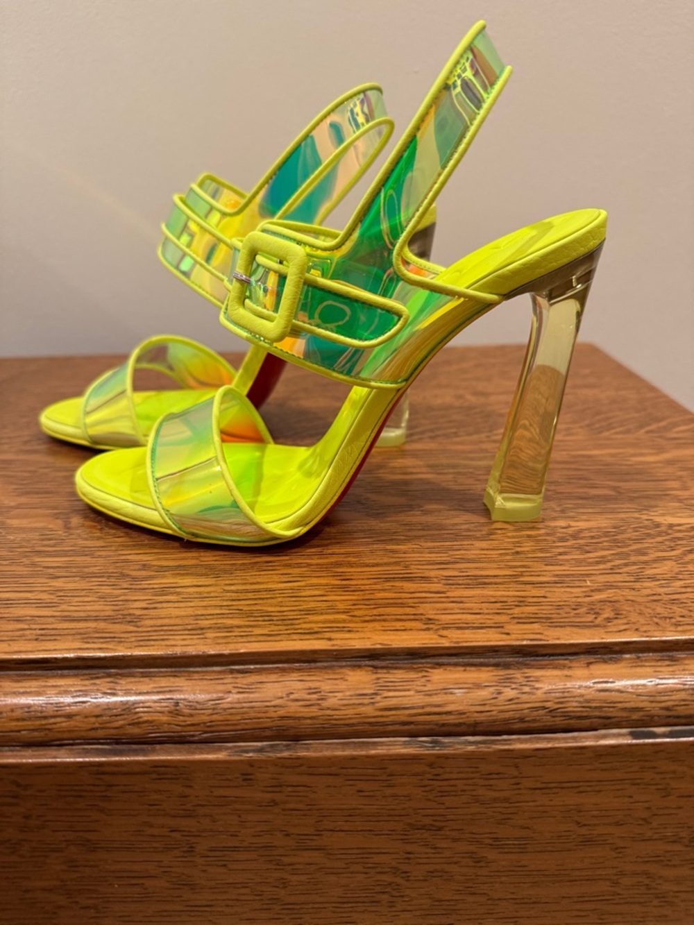 Christian Louboutin Neon Green Iridescent Clear Heel Sandals - Picture 3 of 11